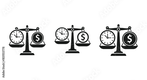 Scales of justice balancing time and money concepts in black and white