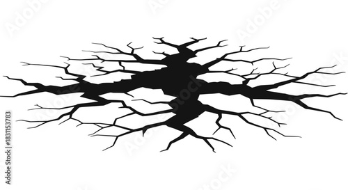 A dramatic black and white image of a fractured ground surface