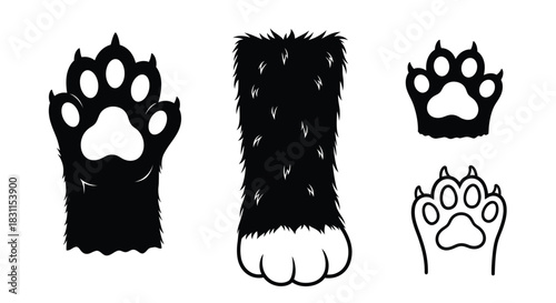 Black and white illustration of animal paw prints and a furry leg