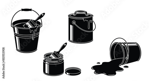 Black and white illustration of paint buckets brushes and spilled paint