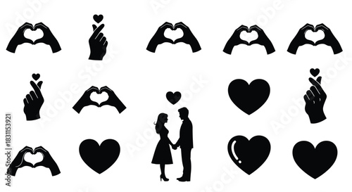 Black silhouettes depicting various romantic gestures and symbols of affection