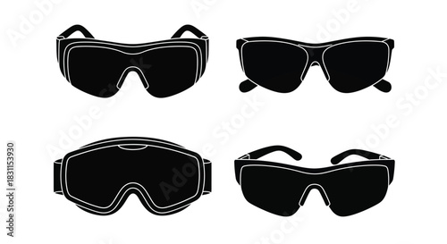 Four different styles of black sunglasses outlined on a white background