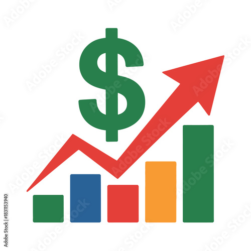 A dollar sign symbolizes financial growth on an upward trending bar chart.