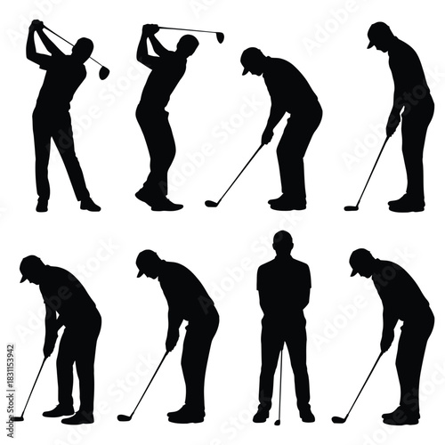 Vector sport illustration of black golfer silhouettes, men and woman players, swinging the ball
