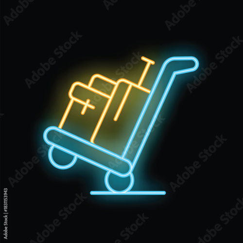 Glowing neon luggage cart icon with editable stroke and pixel perfect