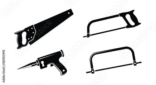 Black and white silhouettes of various hand tools for woodworking projects