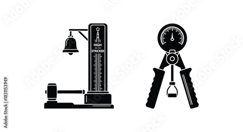 Black silhouette of strength measurement tools featuring a dynamometer and impact tester