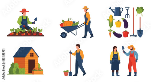 Cartoon farmers gardening tools and a small farm building illustration