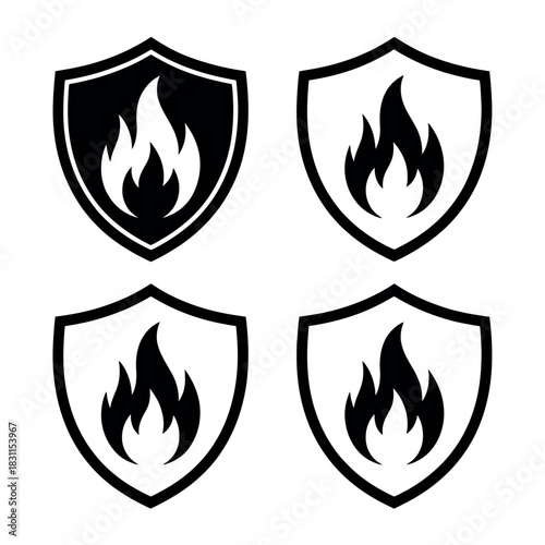 Four shield icons with flame symbols representing fire protection and safety