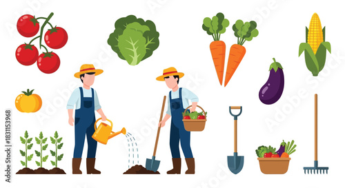Cartoon farmers fresh produce and gardening tools in a colorful illustration