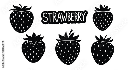 Black and white illustration of strawberries and the word strawberry