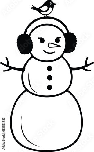 Black and white line drawing of a happy snowman with earmuffs and a small bird on his head.