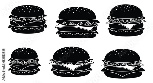 A collection of stylized black and white hamburger illustrations on a white background
