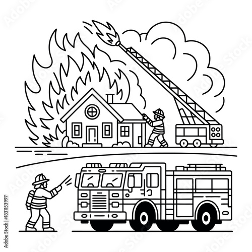 Firefighters battle a house fire using a ladder truck and fire engine.