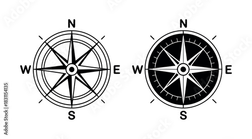 Two compasses showing directional points on a white background