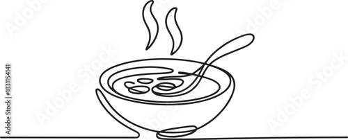 Continuous one line drawing of a bowl filled with hot soup, presented ready to be eaten. one line Icon drawing