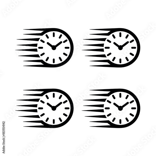 Four stylized clocks with motion lines indicating the rapid passage of time.