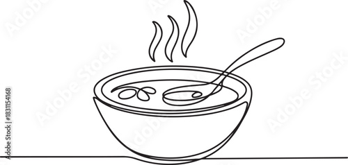 Continuous one line drawing of a bowl filled with hot soup, presented ready to be eaten. one line Icon drawing