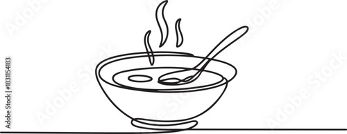 Continuous one line drawing of a bowl filled with hot soup, presented ready to be eaten. one line Icon drawing