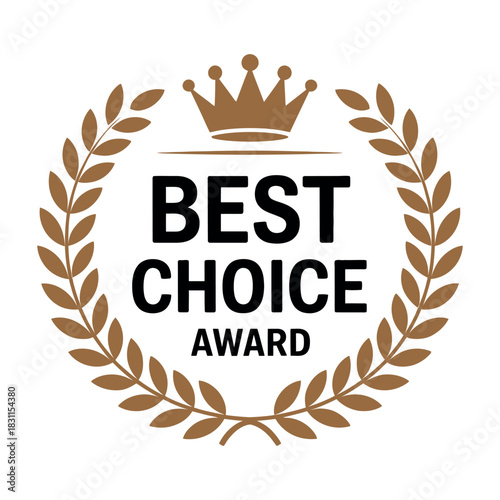 A graphic award emblem with text that reads 'BEST CHOICE AWARD' is encircled by a laurel wreath and topped with a crown.