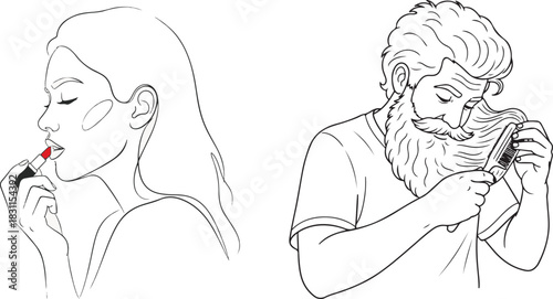 Outline Drawing of Woman Applying Lipstick and Man Combing Long Beard