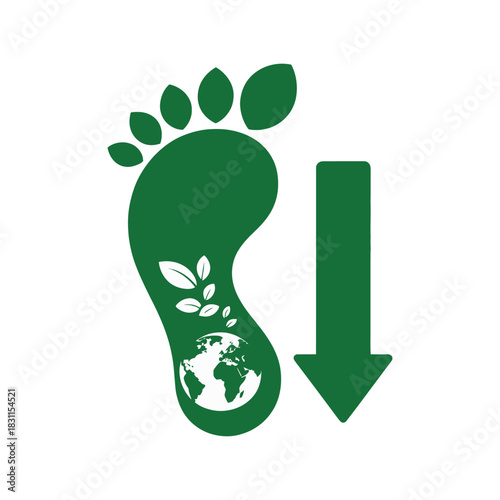 A green footprint with a down arrow symbolizes a reduced environmental impact.