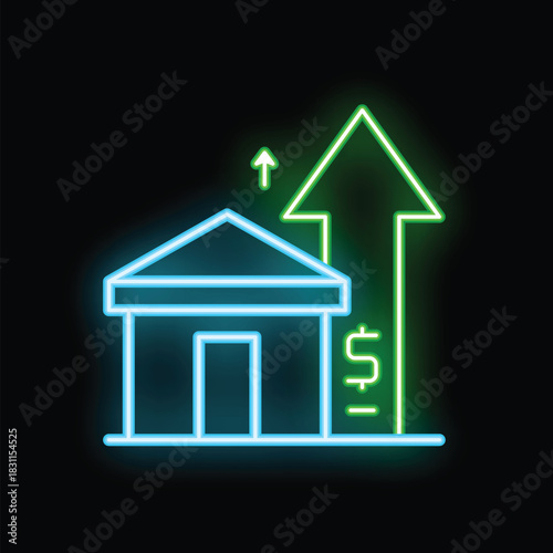 Glowing neon sign representing increasing house prices, booming housing market, and growth in real estate investment
