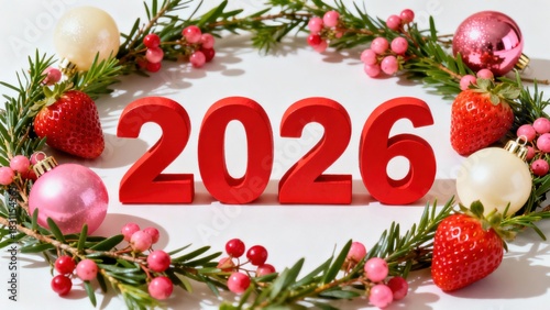 A Festive Arrangement Featuring the Year 2026 Surrounded by Strawberries, Ornaments, and Holiday Greenery Celebrating New Beginnings