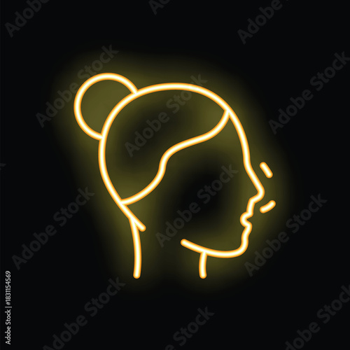 Yellow neon sign of a woman breathing or coughing, isolated on a black background