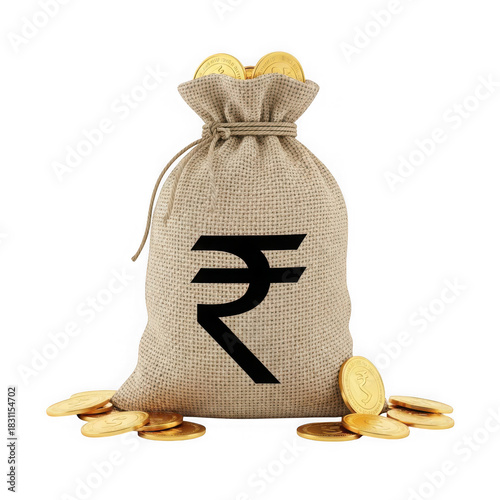 Burlap money bag with black Indian Rupee symbol and gold coins isolated on a transparent background