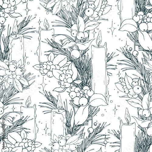 A seamless pattern of pine branches with snowberries and flickering candles. This graphic line art illustration is hand-drawn with pen and ink in monochrome. Christmas, winter, and New Year s print.