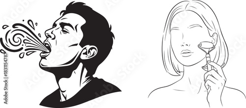 Monochromatic Vector Art, Exhaling Profile, and Outline Facial Skincare