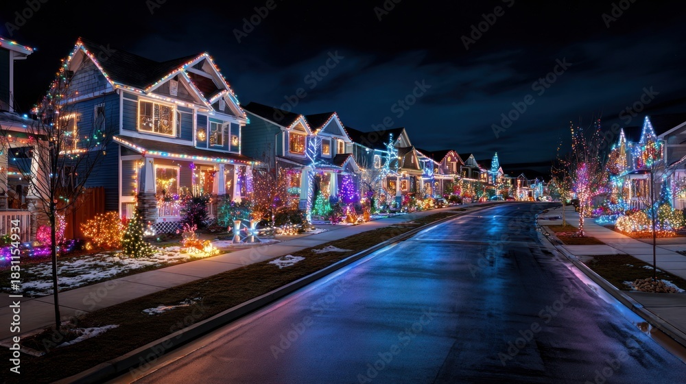 Obraz premium A whimsical Christmas light display in a suburban neighborhood,