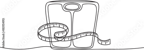 Single one line drawing body scales tied with measuring tape. A symbol to keep remembering healthy living at all times. Diet. one line Icon drawing