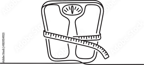 Single one line drawing body scales tied with measuring tape. A symbol to keep remembering healthy living at all times. Diet. one line Icon drawing