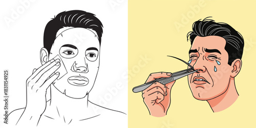 Contrasting vector illustrations: male skincare application and painful nose hair plucking.