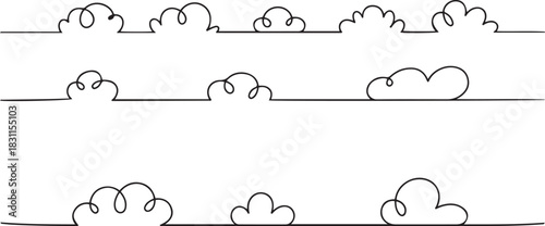 Continuous one line clouds. Minimalist linear fluffy cloud, simple nimbus and decorative sky themed overcast vector horizontal divider illustrations sets. one line Icon drawing