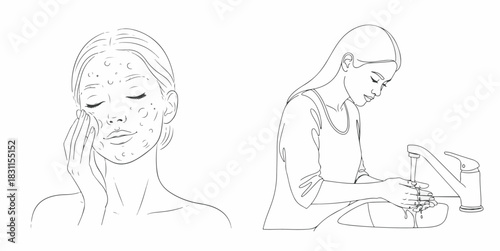 Monochrome Line Art Illustration of Female Skincare and Handwashing Routine