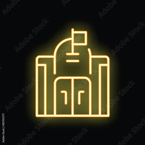 Glowing neon yellow government building with a flag on its roof, evoking the concept of politics and administration