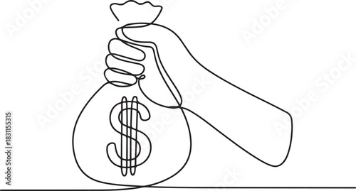 Dollar money bag in continuous one line drawing. Hand holding a sack with cash in simple linear style. Finance bank and investment concept in editable stroke. one line Icon drawing