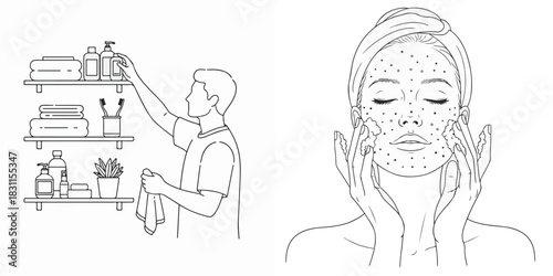 Minimalist Line Art of Daily Self-Care and Bathroom Routines