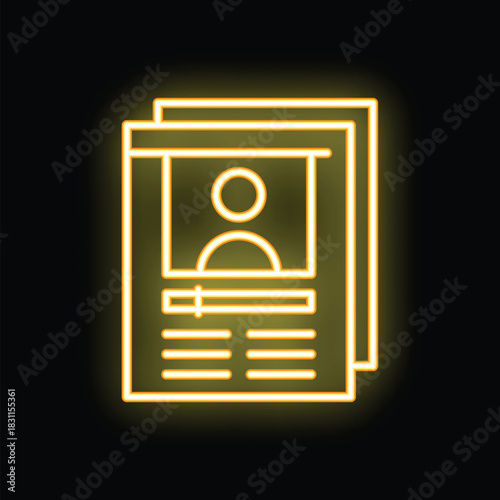 Yellow neon sign of stack of curriculum vitae with candidate profile picture on black background