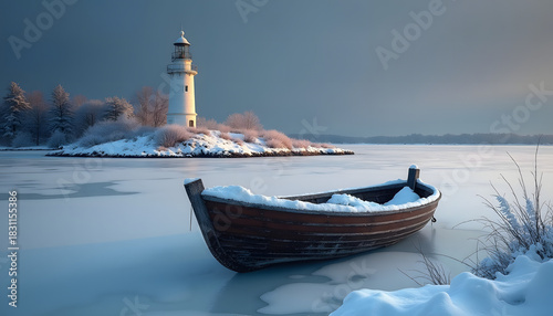 Fototapeta Naklejka Na Ścianę i Meble -  Lonely wooden boat rests on frozen lake near illuminated lighthouse in winter