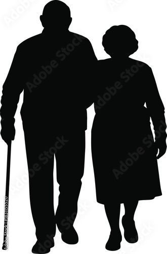 Silhouette of an elderly couple, a man with a cane and a woman, walking arm in arm, representing companionship and aging.