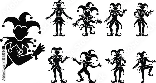 Collection of jester silhouettes in various playful poses, isolated on white background, perfect for graphic design and illustration projects.