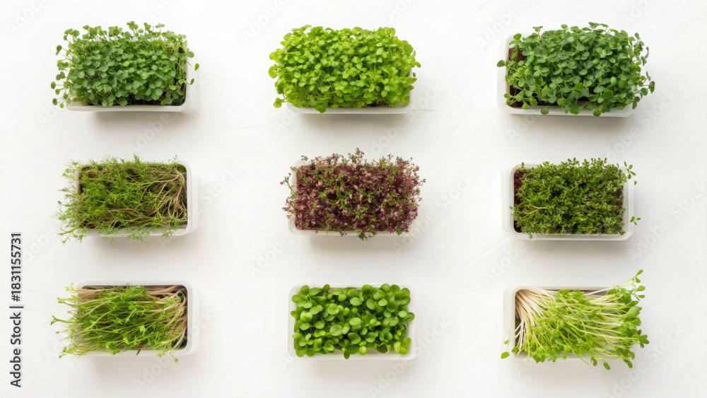 Obraz premium Fresh microgreens of different varieties are displayed in white containers. These nutrient-rich greens offer vibrant colors and flavors, ideal for enhancing healthy meals