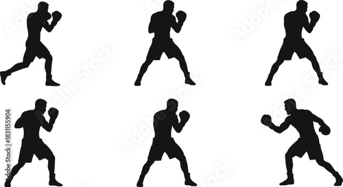 Boxing silhouettes of athlete in fighting stances, training, defense, offense, sparring, martial arts, fitness, competition