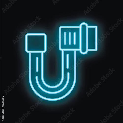 Neon blue icon of a plumbing pipe glowing on a black background