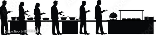 Business buffet silhouettes, corporate catering, professional networking, office lunch, teamwork celebration, event dining, workplace collaboration illustration