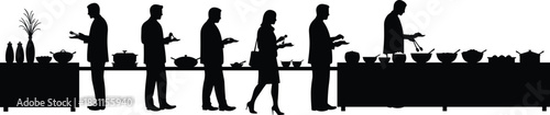 Business buffet silhouettes, corporate catering, professional networking, office lunch, teamwork celebration, workplace dining, event collaboration illustration